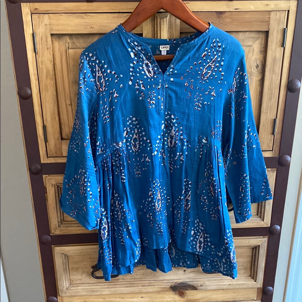 Cargo Blue and White Tunic with Mandarin Collar and Bell Sleeves